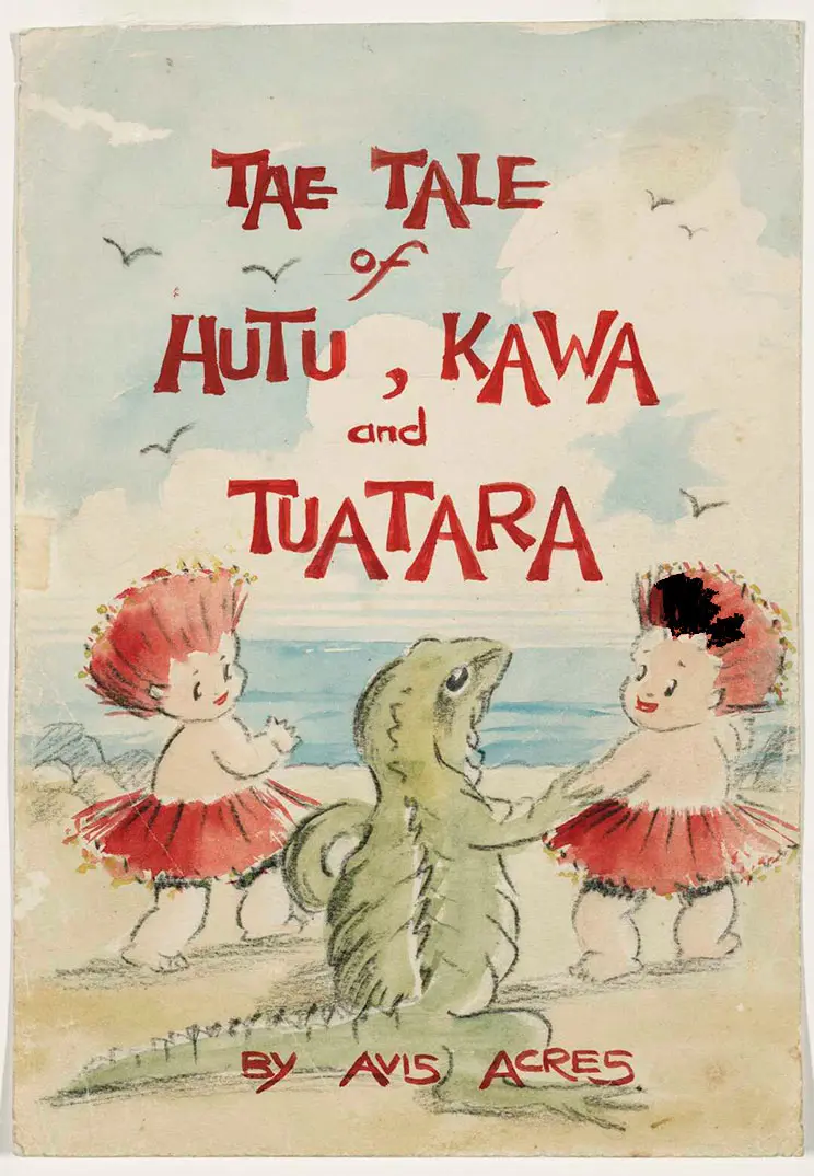 Book cover showing two little dolls dresses as pohutukawa flowers holding hands with a tuatara.