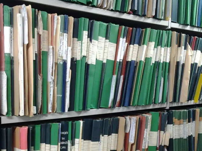 The music hire stacks at the Library, showing hundreds of folders of music.