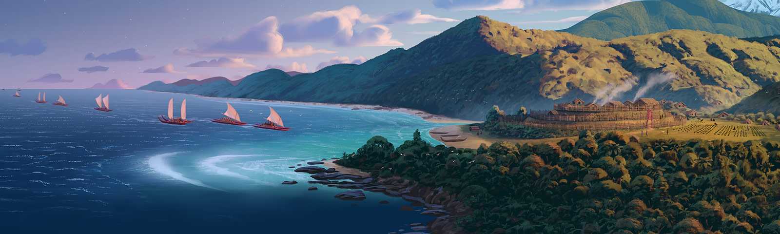 Colour artwork showing a fleet of waka sailing towards the coastline. A pā overlooks the coast, surrounded by mountains and forest.