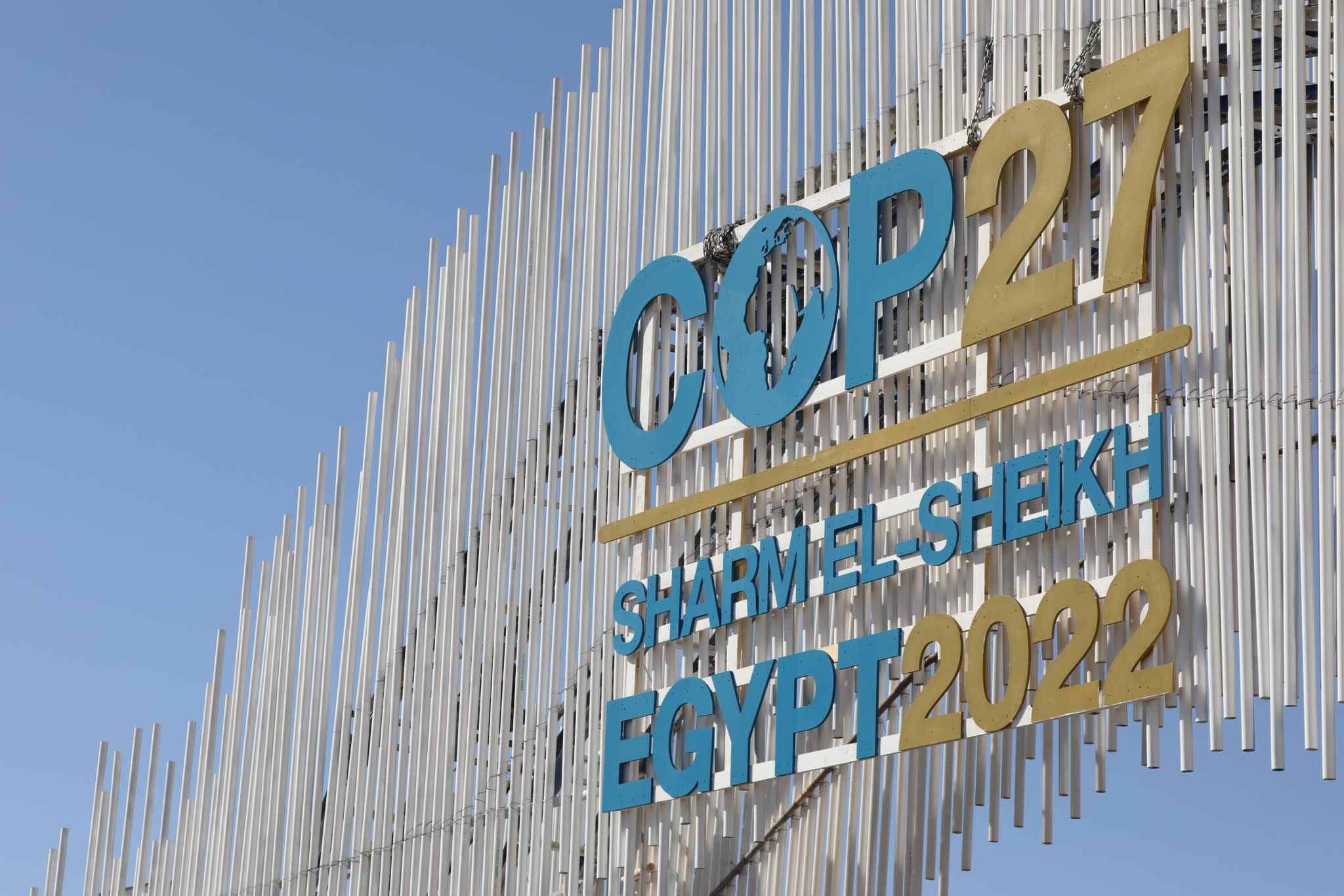Sign of COP27 which says COP27, Sharmel Sheik, Egypt 2022 