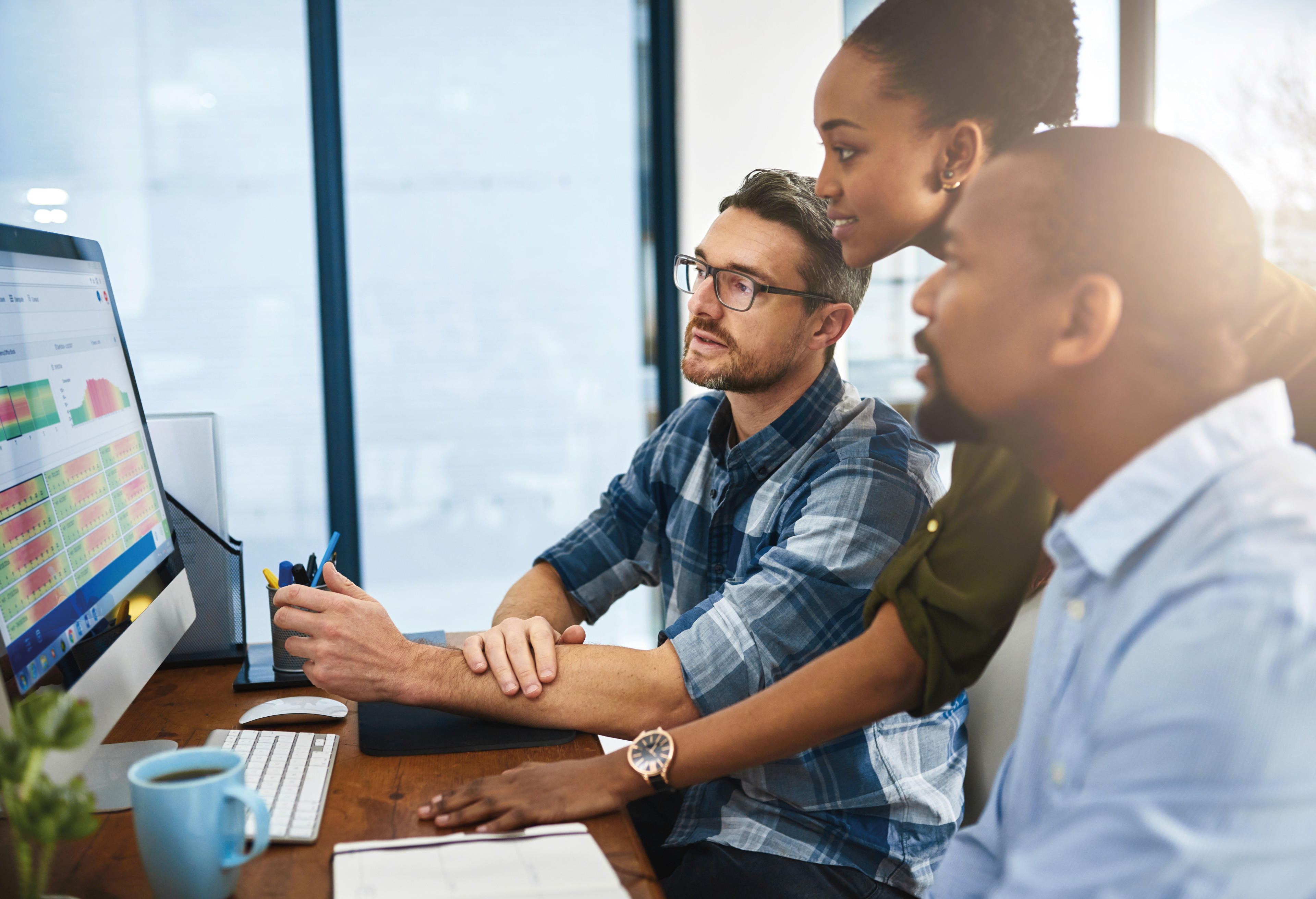 Office staff looking at monitor