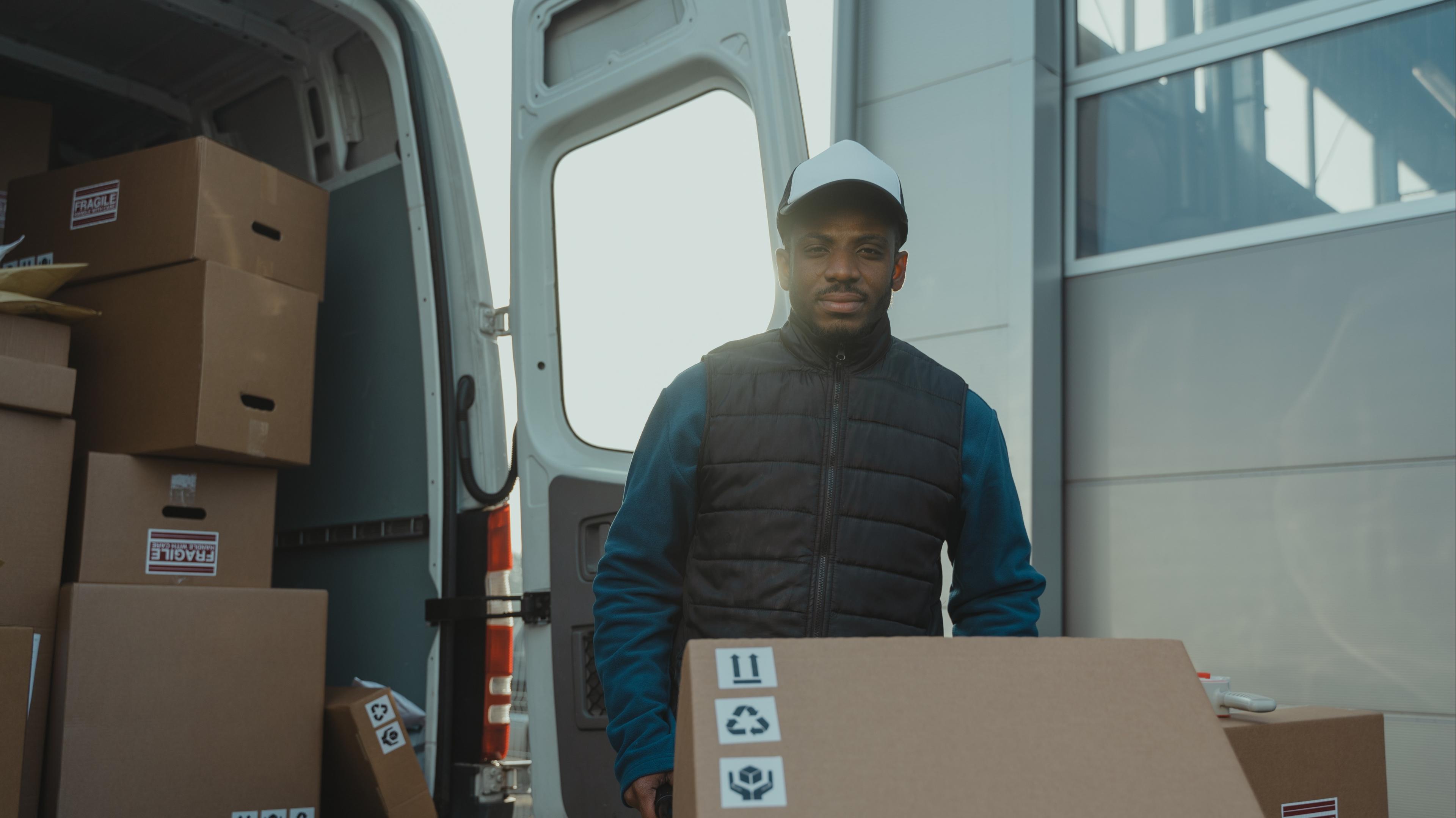 Person unloading a van full of boxes 