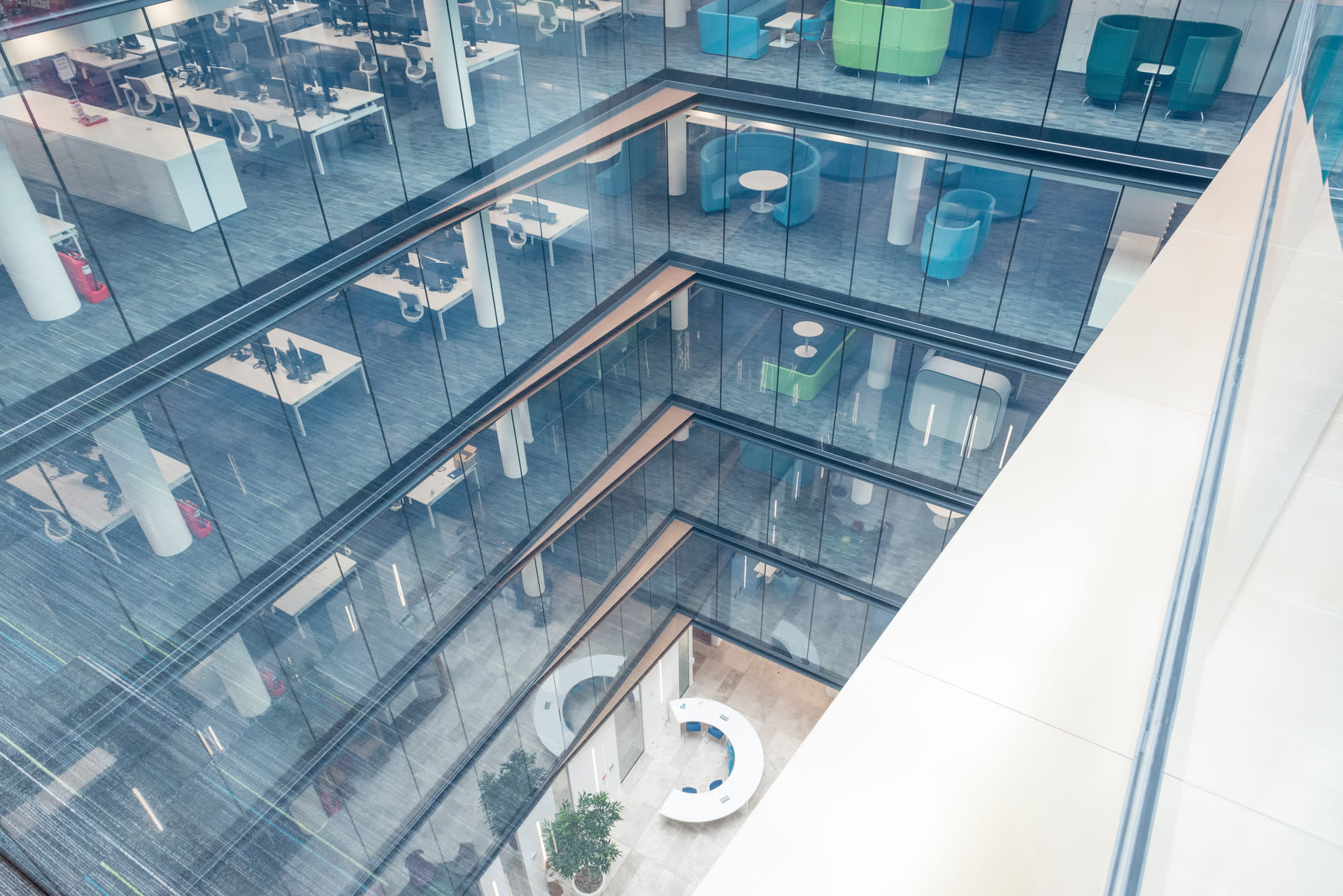 Looking into a glass-covered office building