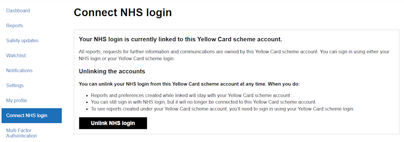 Connect NHS login tab unlink button