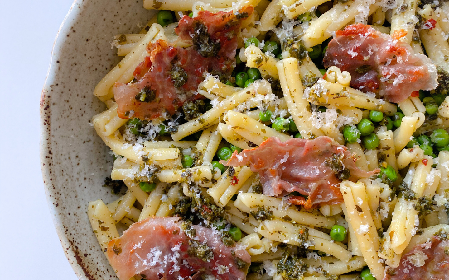 Herby Chimichurri Pasta With Peas And Prosciutto | Haven's Kitchen