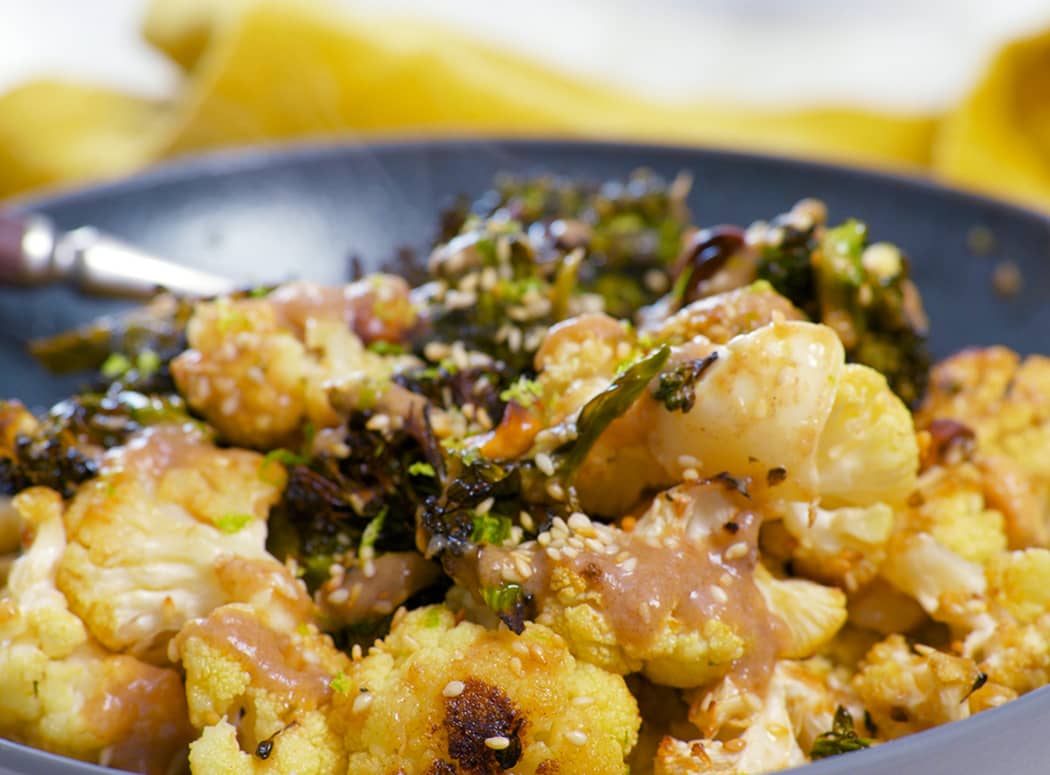Roasted Broccolini And Cauliflower With Gingery Miso + Toasted Peanuts