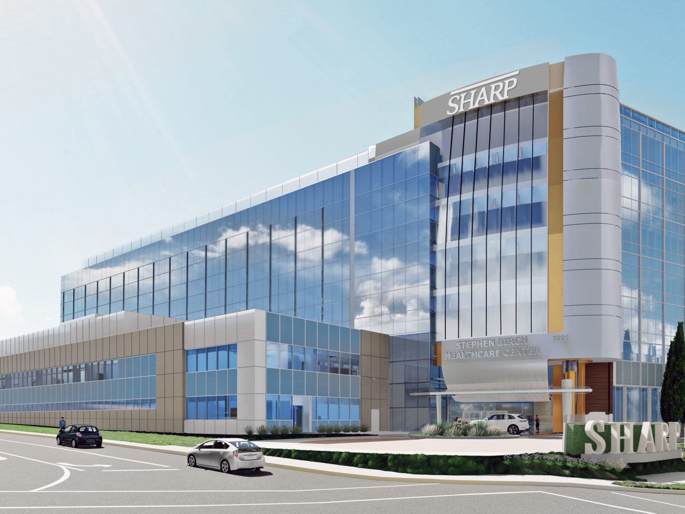 Artist rendering of exterior of Sharp Memorial Hospital