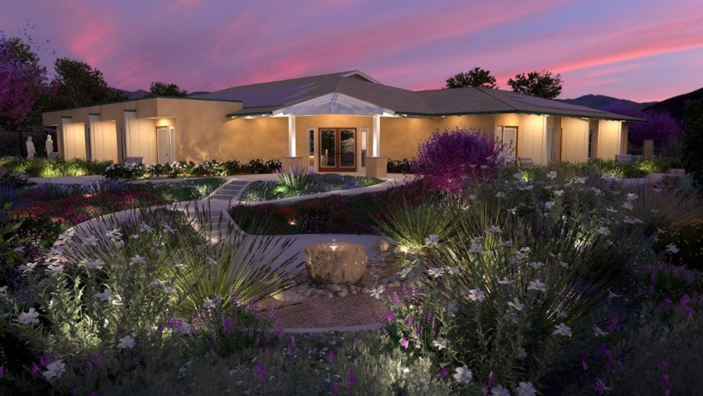 Artist rendering of nighttime view of Moore MountainView Hospice Home