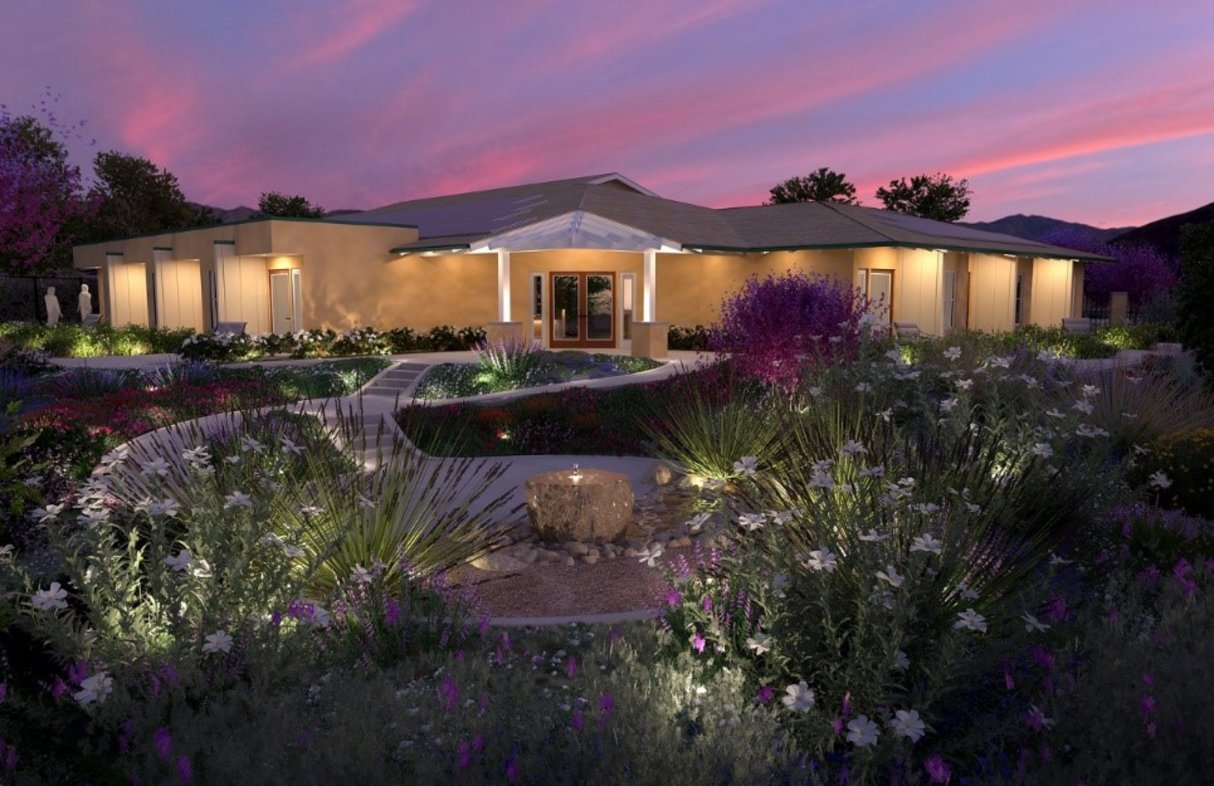 Artist rendering of nighttime view of Moore MountainView Hospice Home
