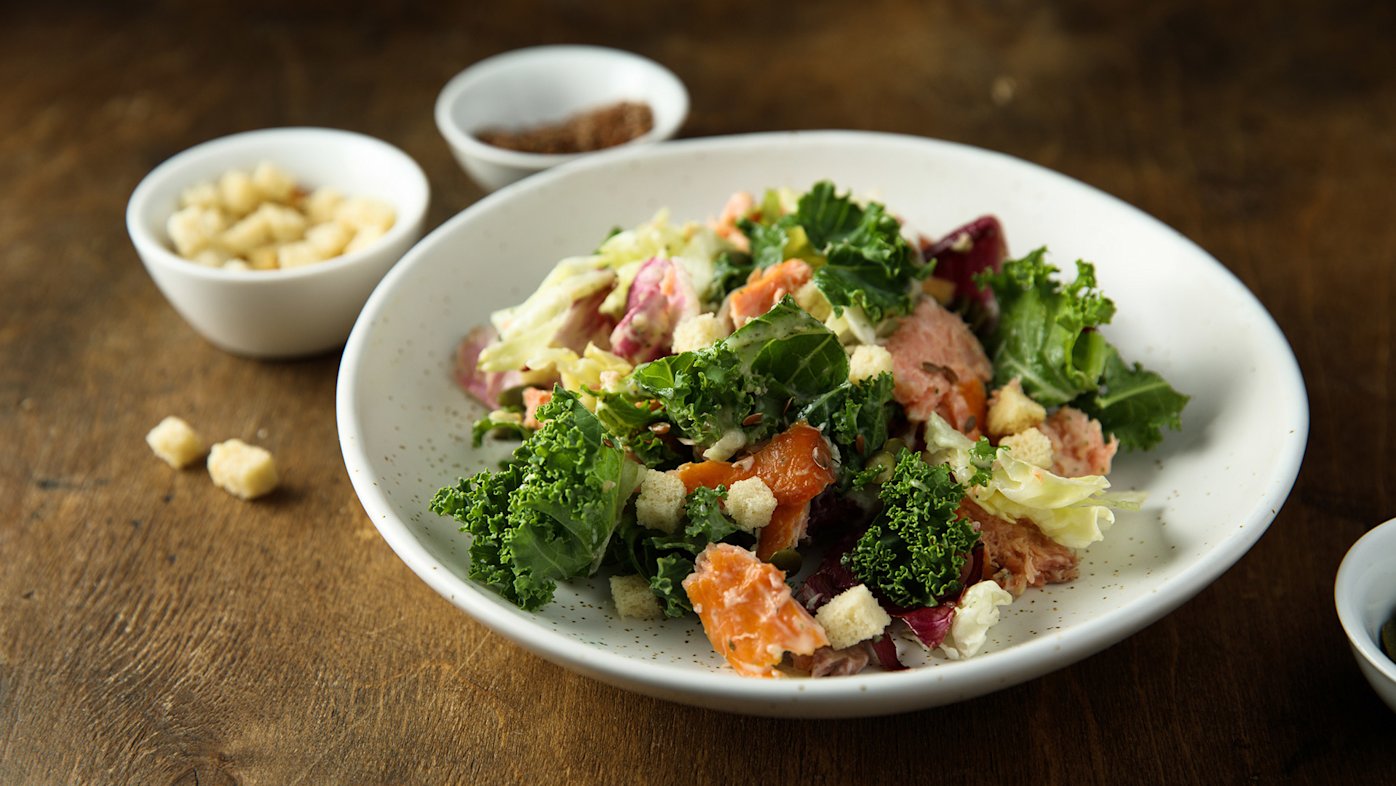 Salmon salad with creamy parmesan dressing recipe HN3997 iStock 1388147083 Cover sized