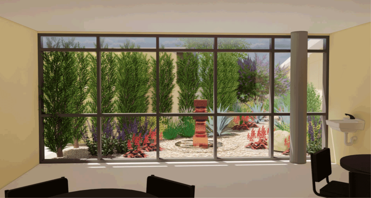 Artist rendering of window view of outside garden