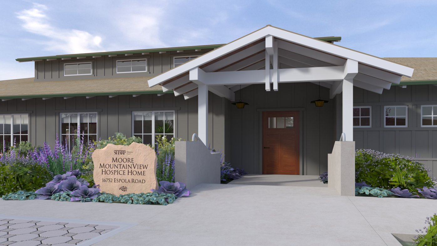 Artist rendering of exterior of Moore MountainView Hospice Home entrance