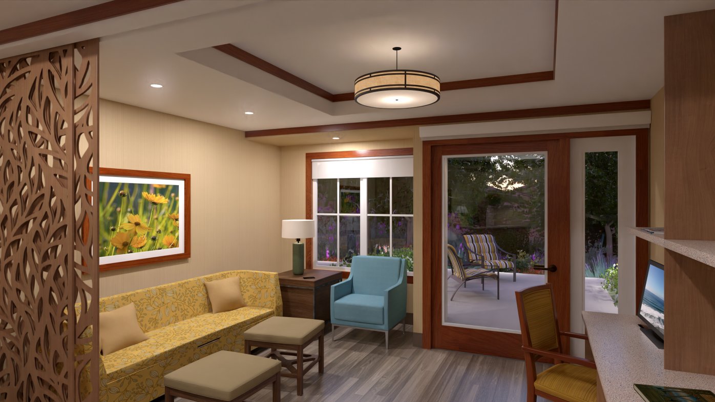 Artist rendering of Moore MountainView Hospice patient room patio