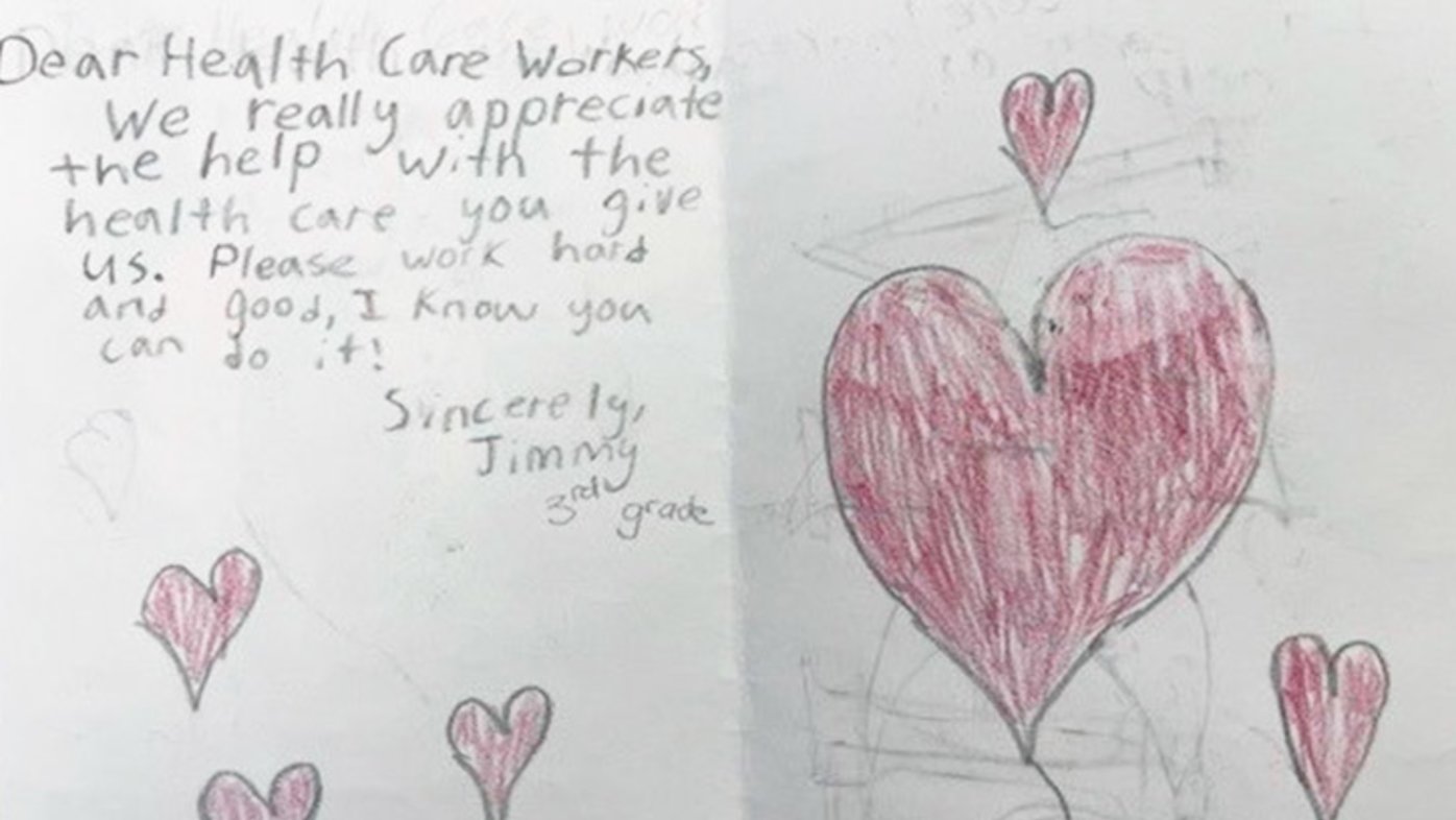 A heartfelt card from a local student, thanking Sharp Memorial Hospital staff for their hard work.