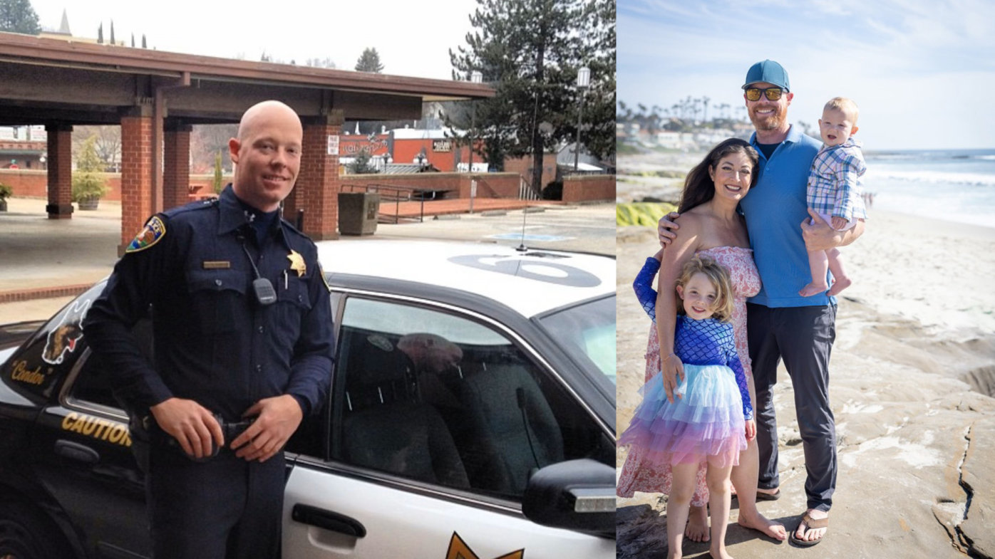 Chris Rice of San Diego with his patrol car and with his family