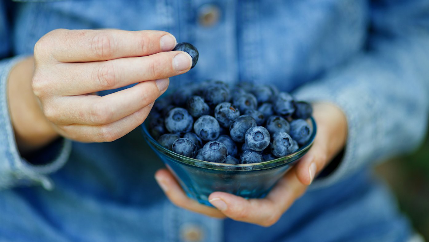 Person holding glass bowl of blueberries