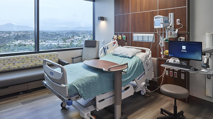 Hospital bed with sleeper sofa, wood flooring and window looking out at view of Chula Vista