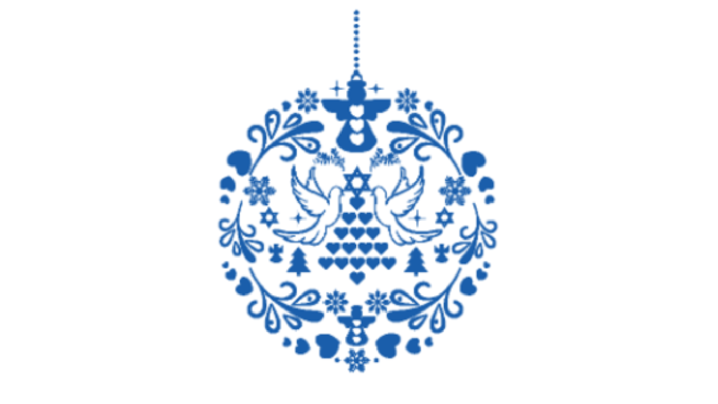 Blue ornament design with angel, two doves, hearts and trees