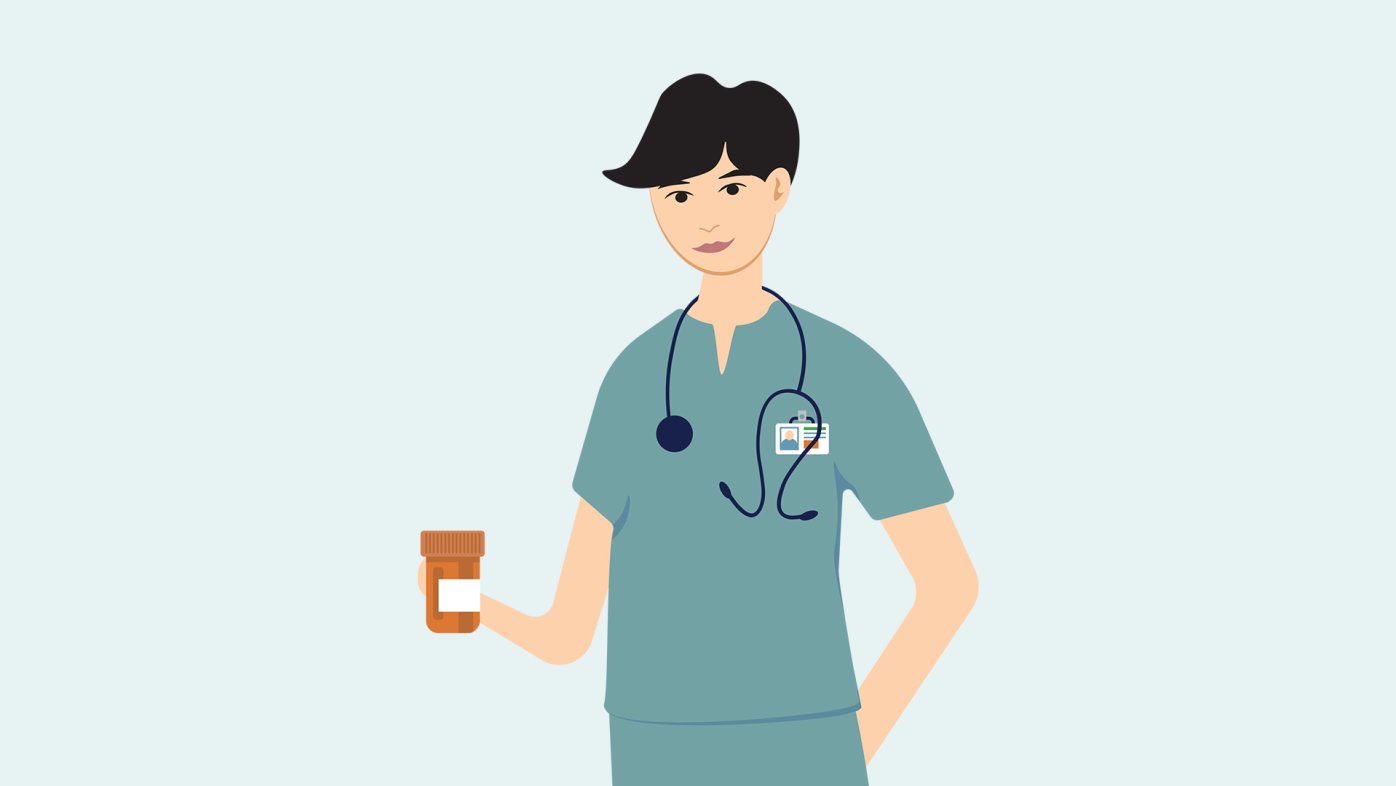 Illustration of technician holding prescription bottle