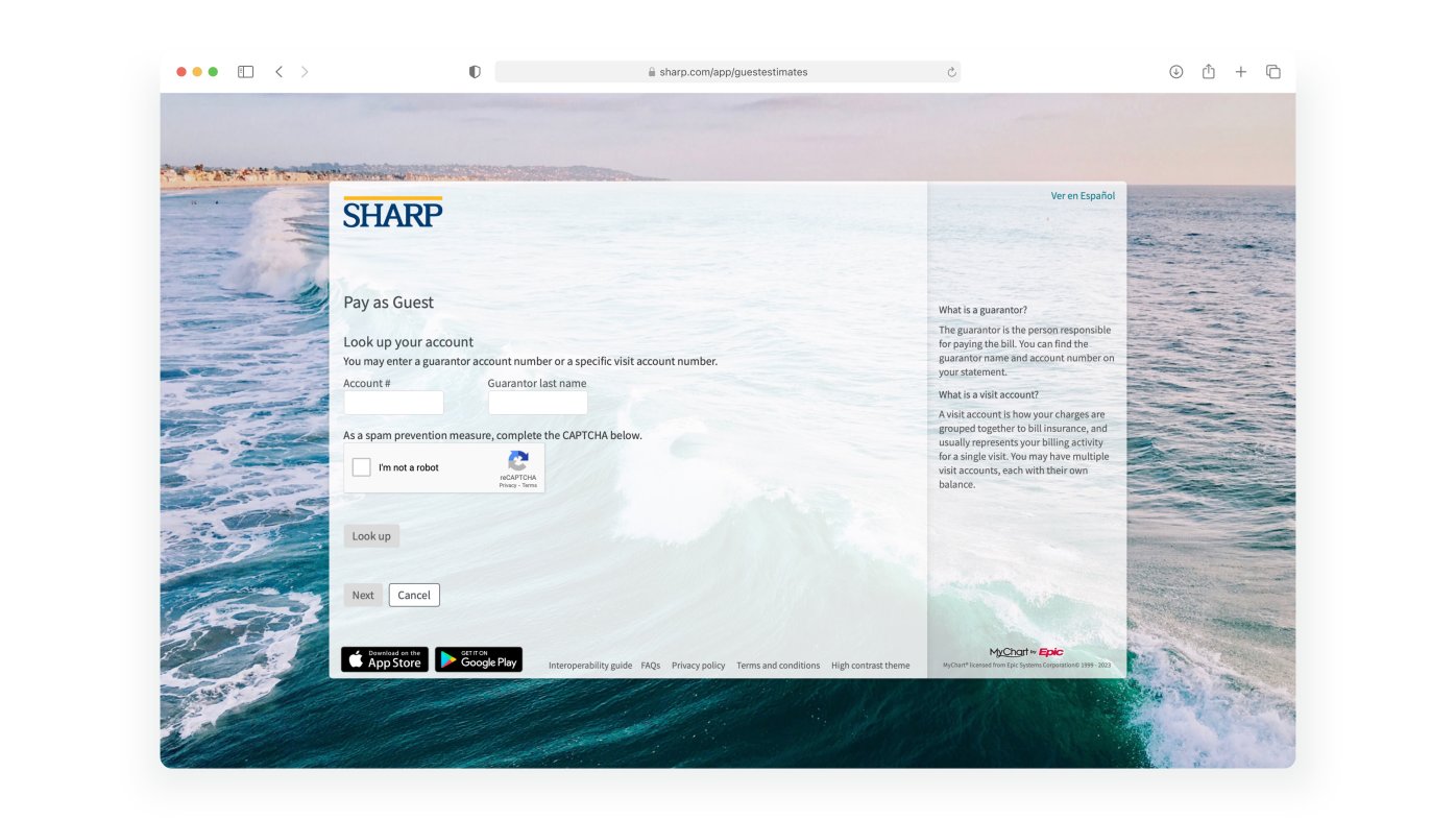 Sharp app pay-as-guest landing page screen