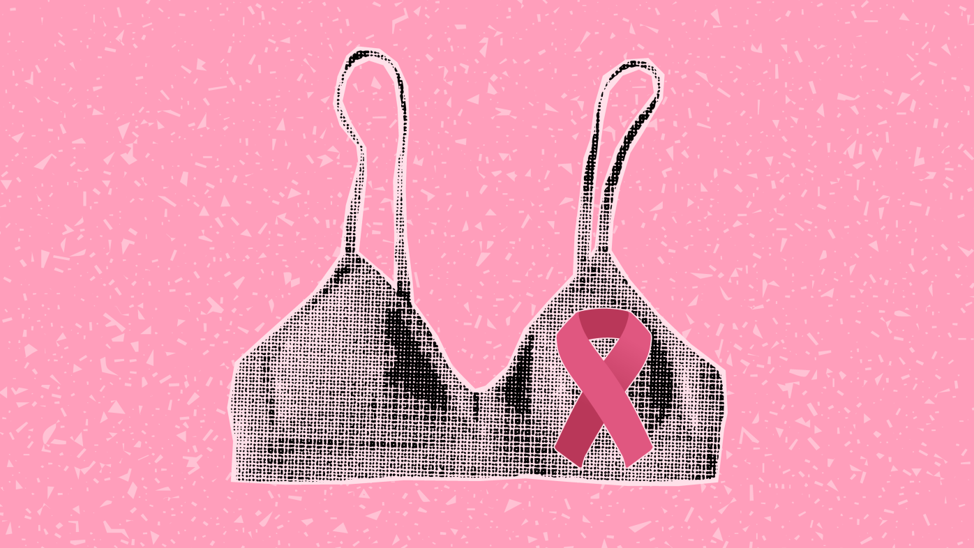 Illustration of a bra with a pink Breast Cancer Awareness Month ribbon