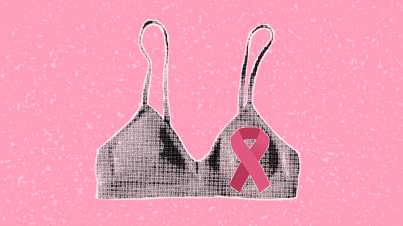 Illustration of a bra with a pink Breast Cancer Awareness Month ribbon