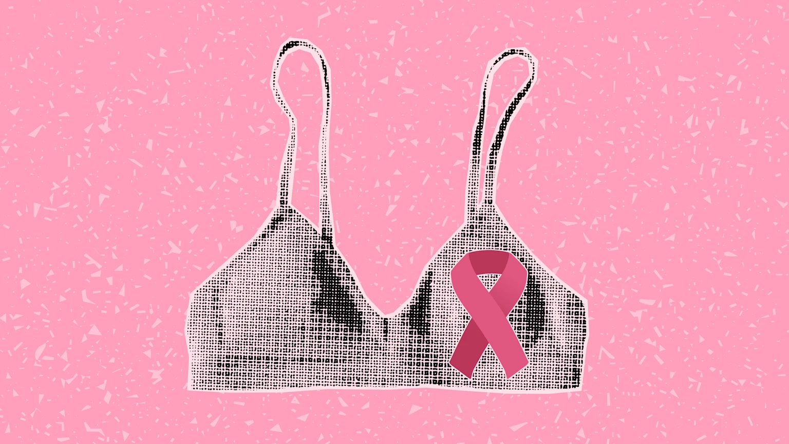 Illustration of a bra with a pink Breast Cancer Awareness Month ribbon