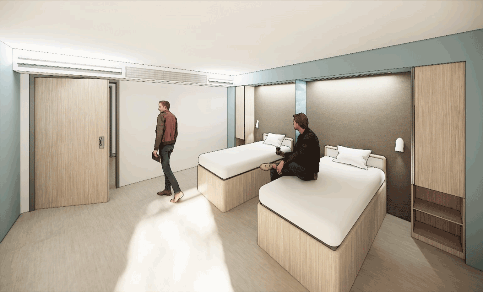 Artist rendering of Sharp Mesa Vista patient room with two beds and two people in the room