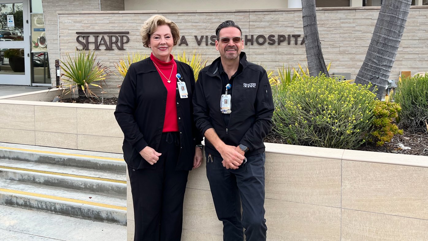 Nancy Earl and JP Conly outside of Sharp Mesa Vista Hospital