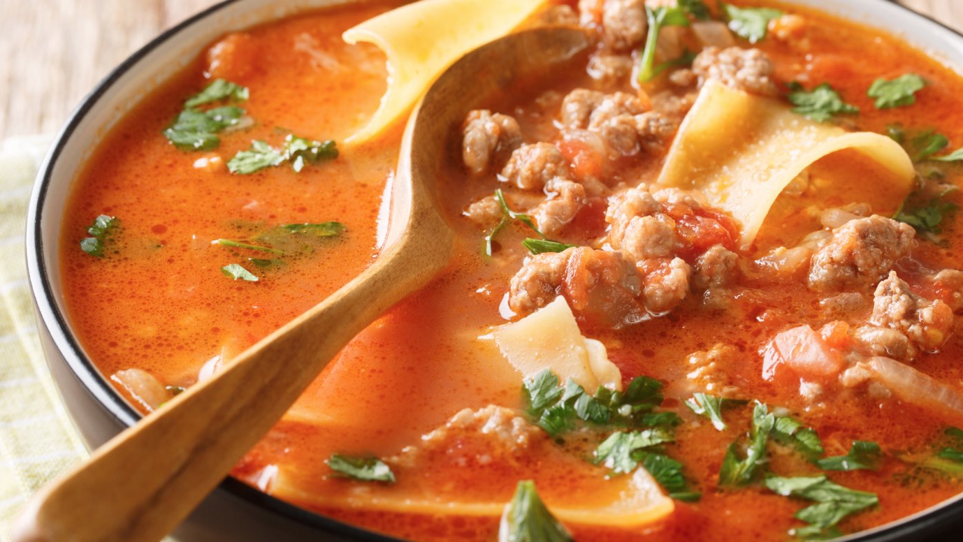 Lasagna soup in a bowl with a spoon