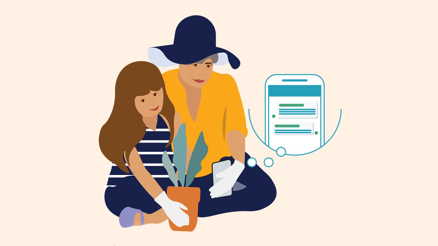 Illustration of woman gardening with grandchild while messaging her doctor. 