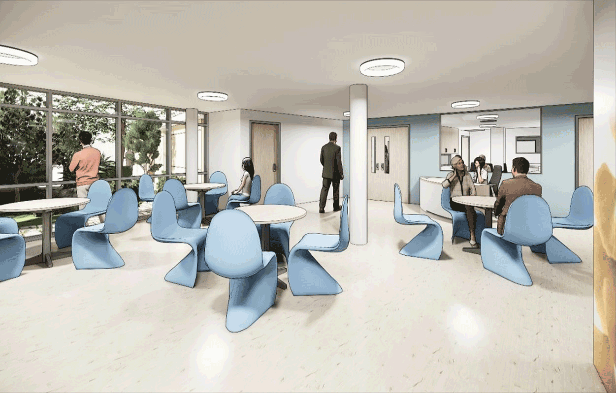 Artist rendering of Mesa Vista day room with white tables and blue chairs