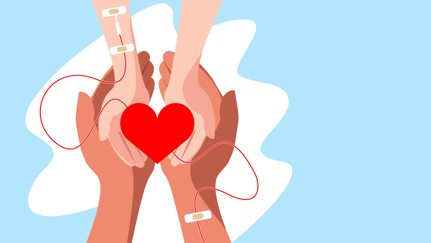 Blood donation illustration with hands and a heart