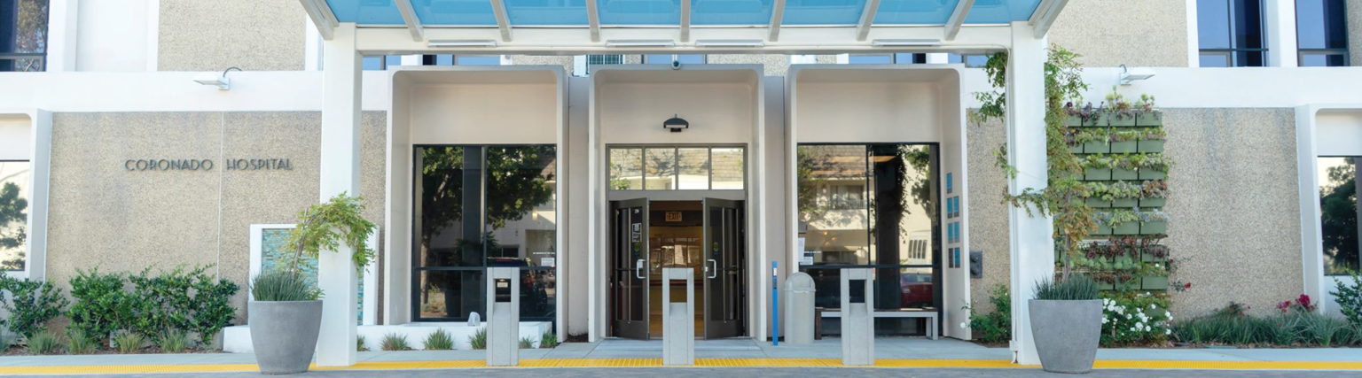 Exterior view of the Sharp Coronado Hospital main entrance.