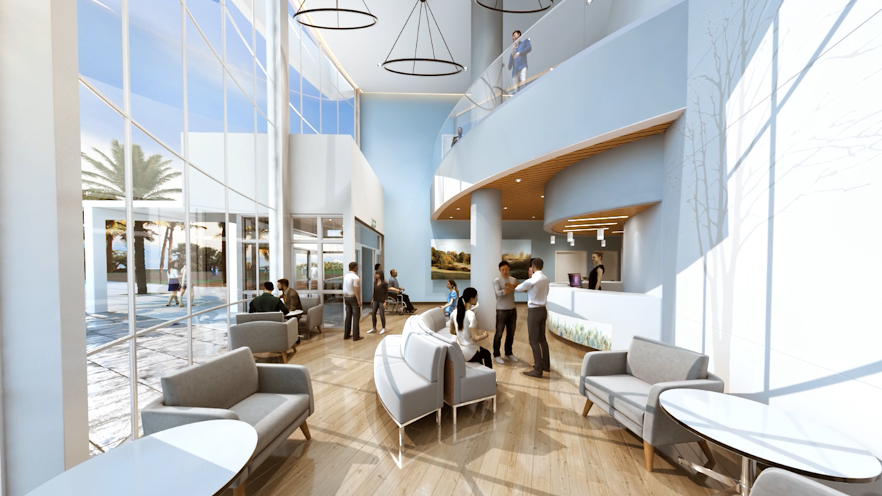 Artist rendering of Sharp Grossmont Hospital Neurosciences Center lobby with windows on left and couches spaced througout