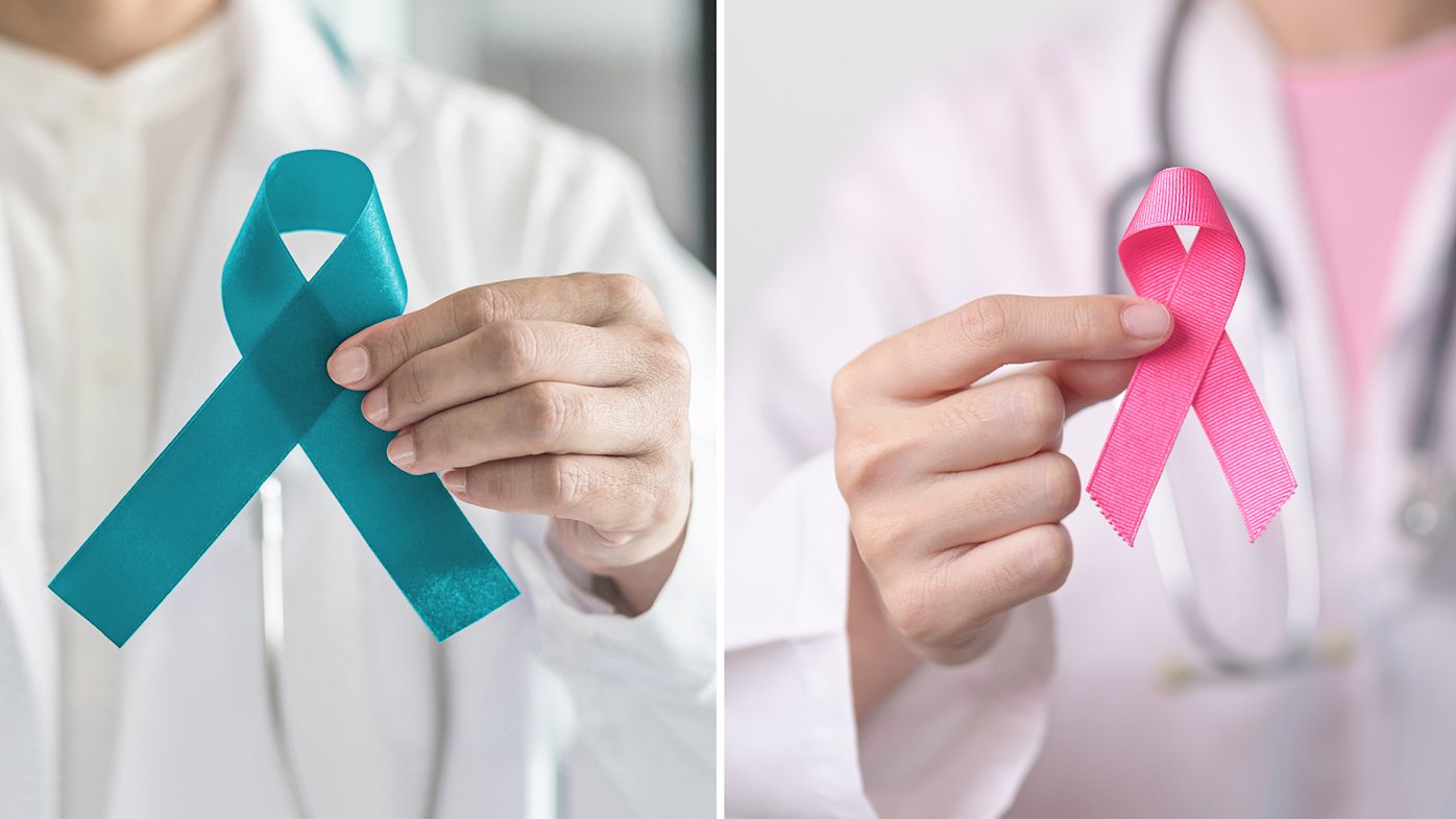 Side by side images of doctors holding ribbons for breast cancer and ovarian cancer awareness