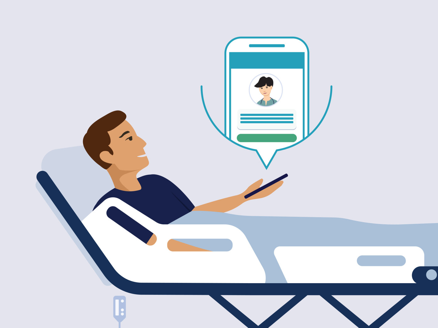 Patient in hospital bed using the Bedside feature on mobile phone to message care provider.