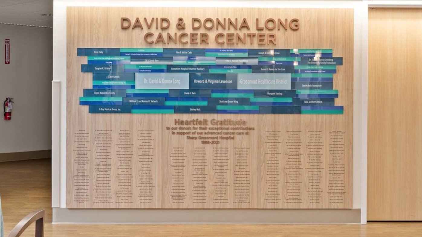A wall at the David & Donna Long Cancer Center shows its generous donors.