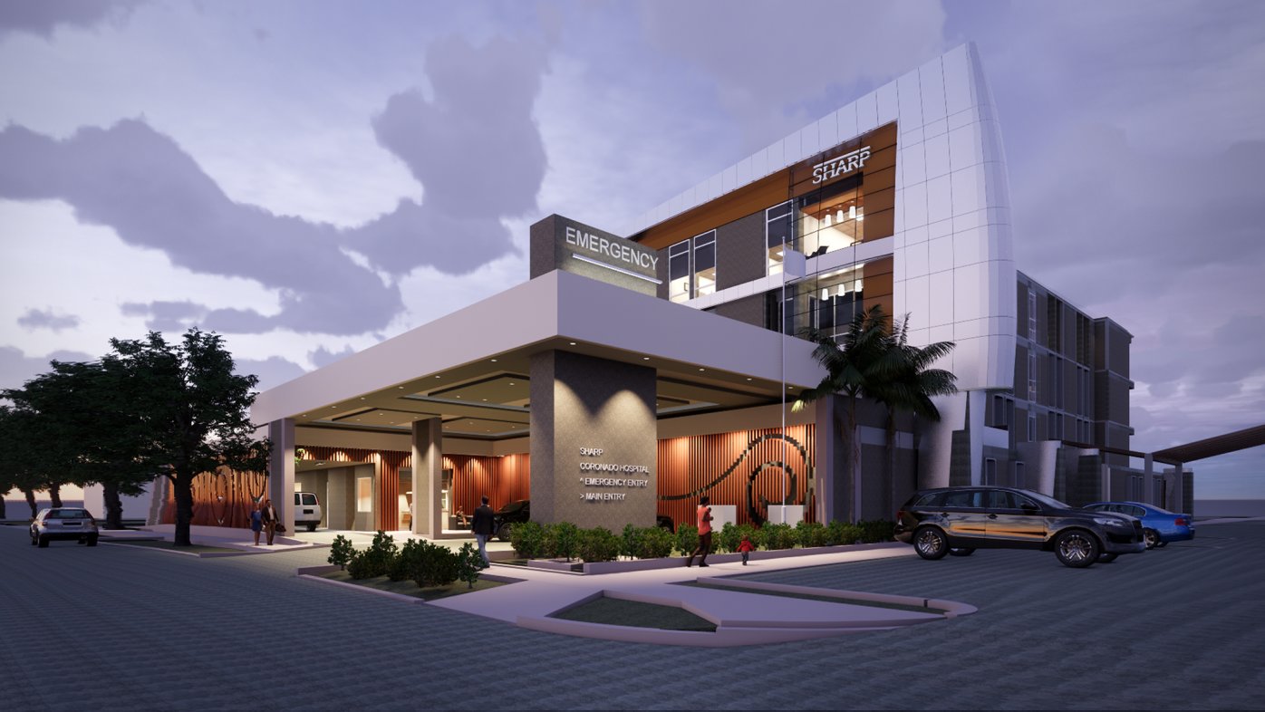 Artist rendering of exterior of Sharp Coronado Hospital
