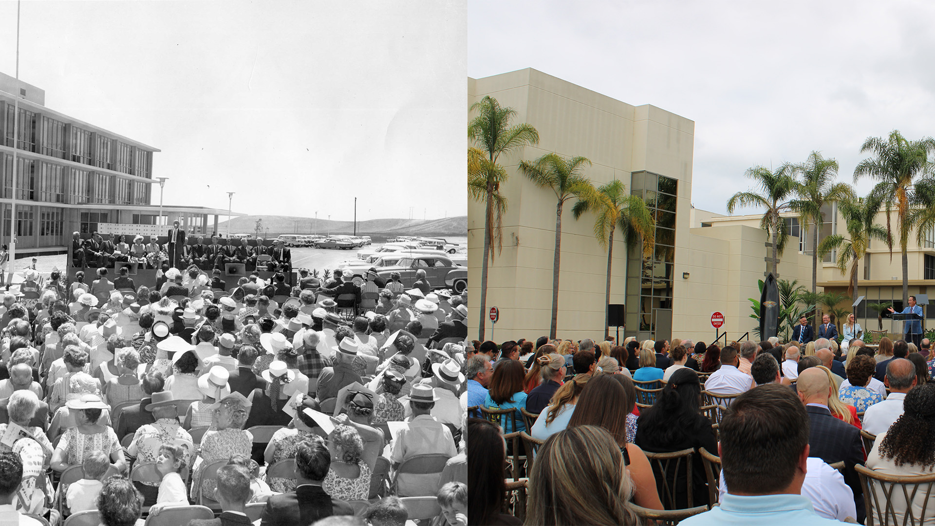 Historic and current side-by-side photo of crowd outside Sharp Tri-City Medical Center