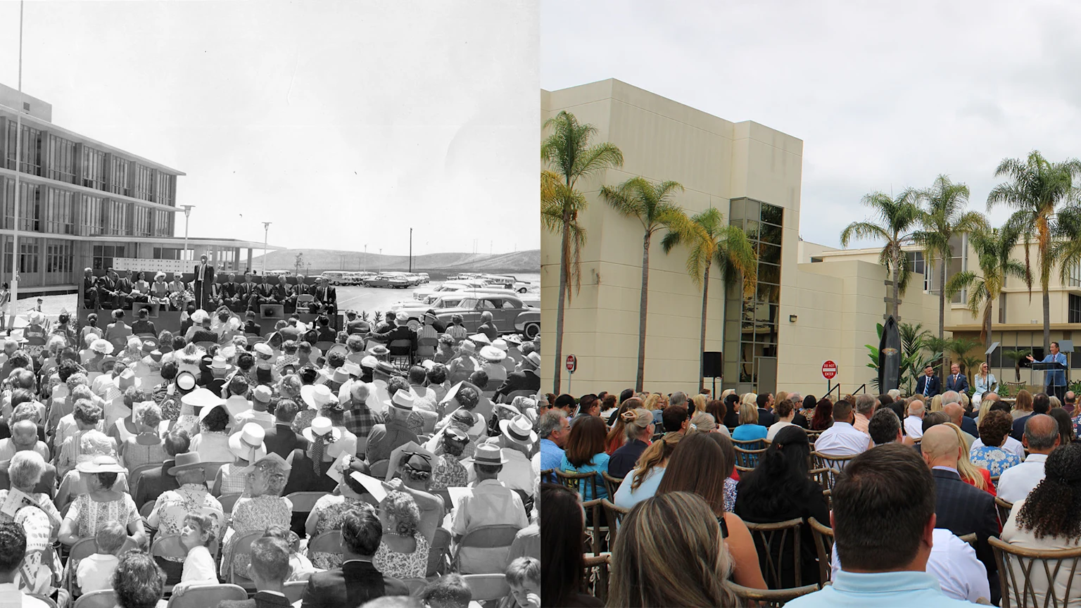 Historic and current side-by-side photo of crowd outside Sharp Tri-City Medical Center