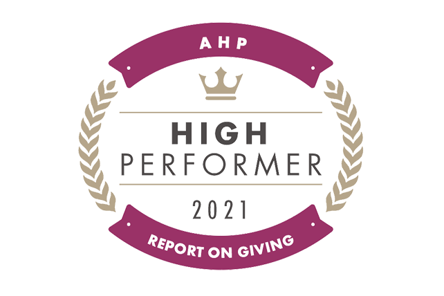 Pink and gold Association for HealthCare Philanthropy (AHP) High Performer 2021 logo