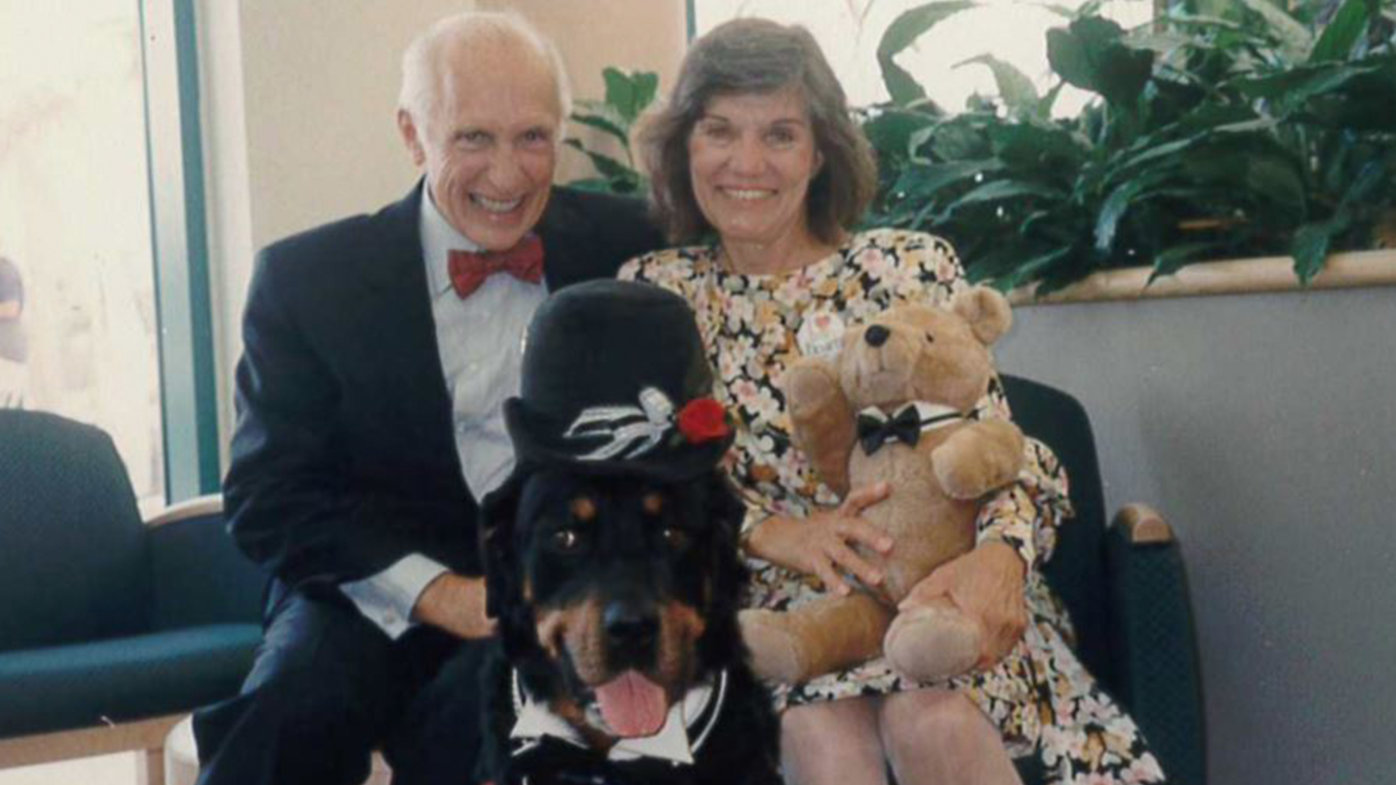 The Long’s visit with Hearts the Rottweiler, one of Sharp Grossmont’s first therapy dogs. The gentle giant spent many days cheering up cancer patients and the therapy dog program is now the largest in the Sharp system.