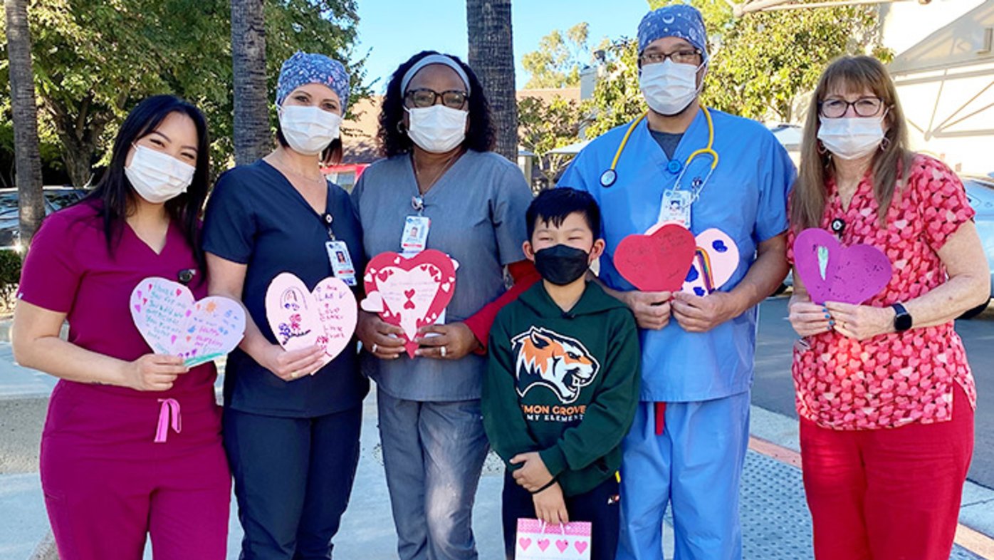 Ray, a student at Lemon Grove Academy Elementary School, brought over 300 valentines from his school to Sharp Grossmont Hospital.