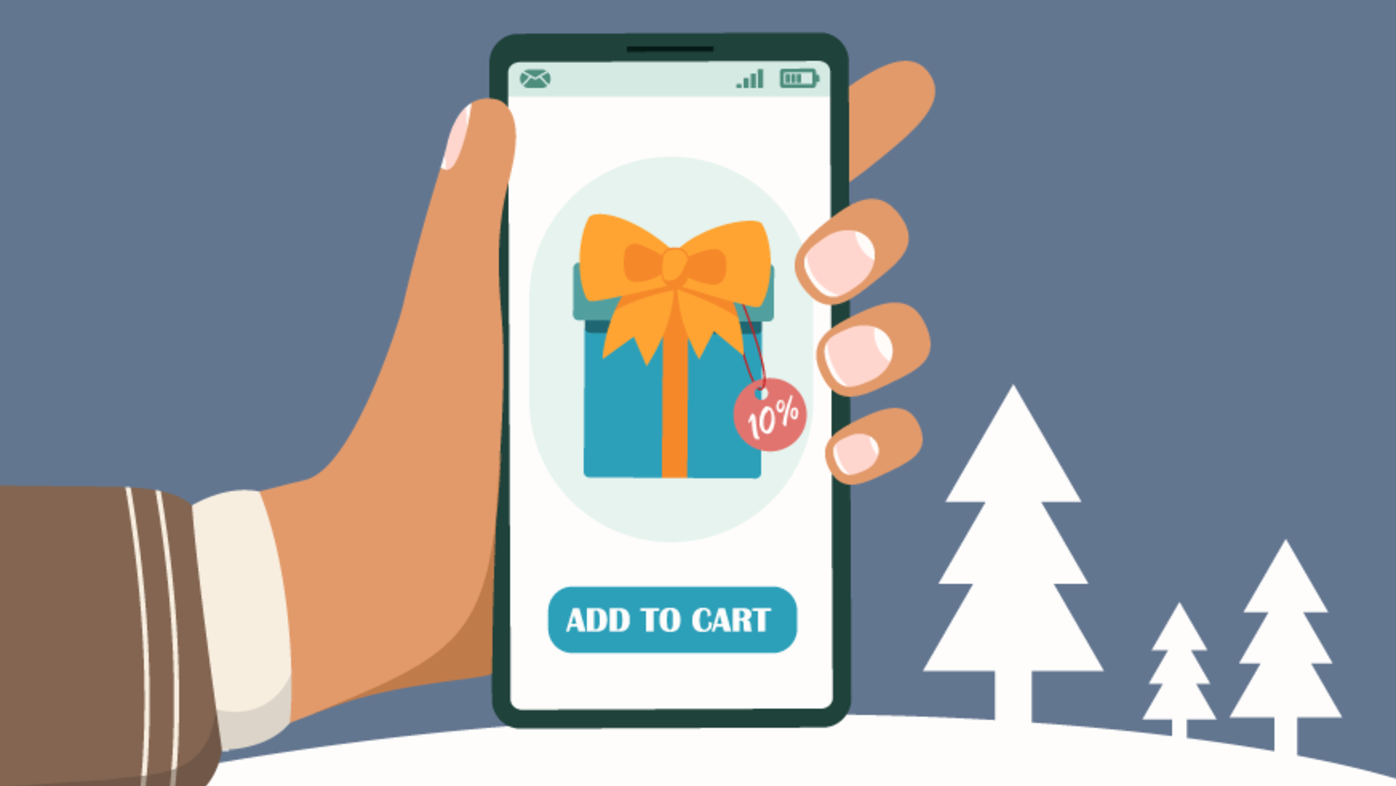 Illustration of smartphone with holiday gift for shopping