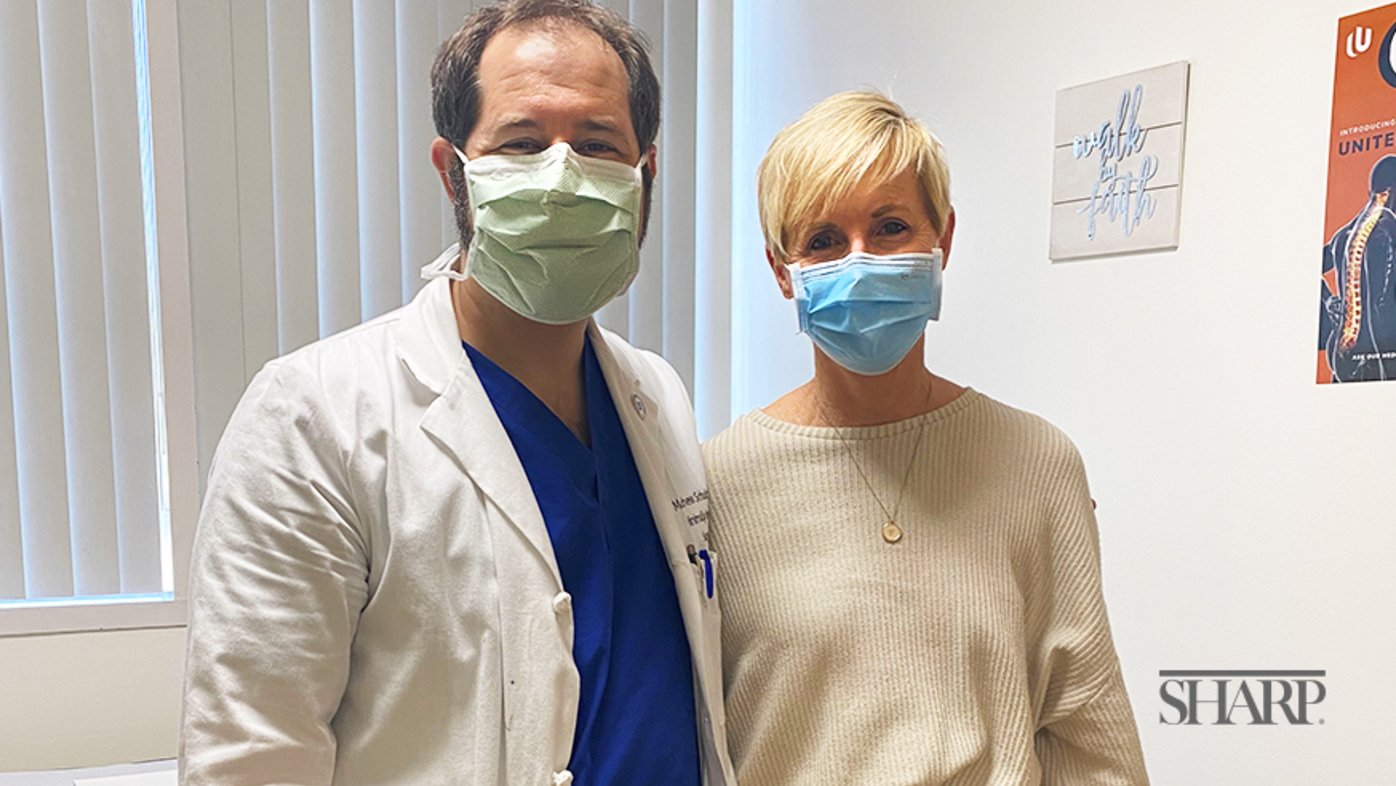 Dr. Matthew Schultzel with Sharp patient Karen Downtain.