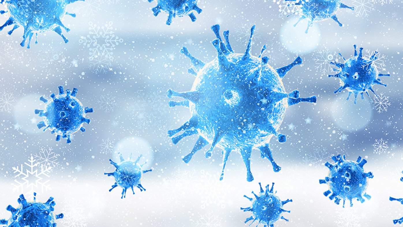 Illustration of COVID-19 viruses with snowflakes