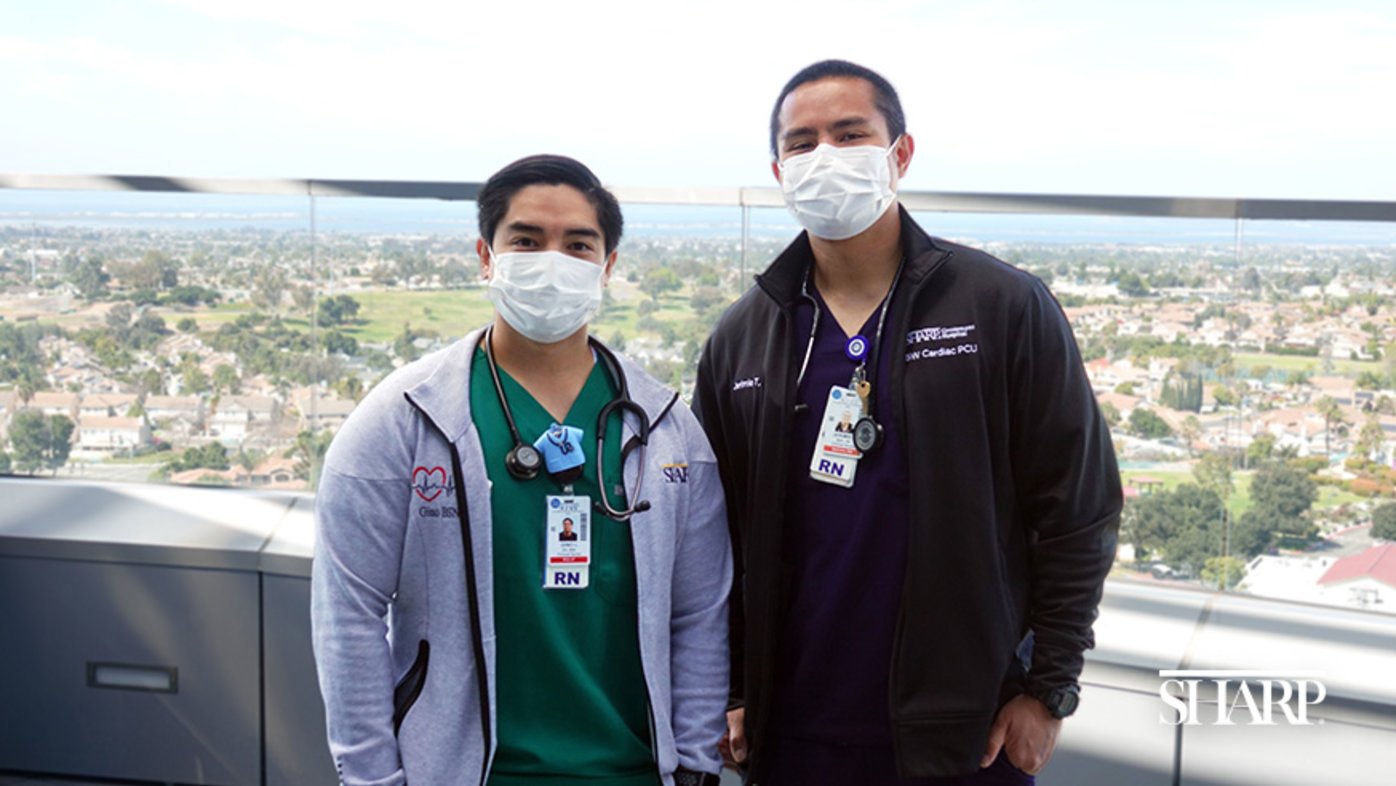 Jerimie Taygon (right) and Gino Lim (left)  became friends in nursing school are now RNs together at Sharp HealthCare.