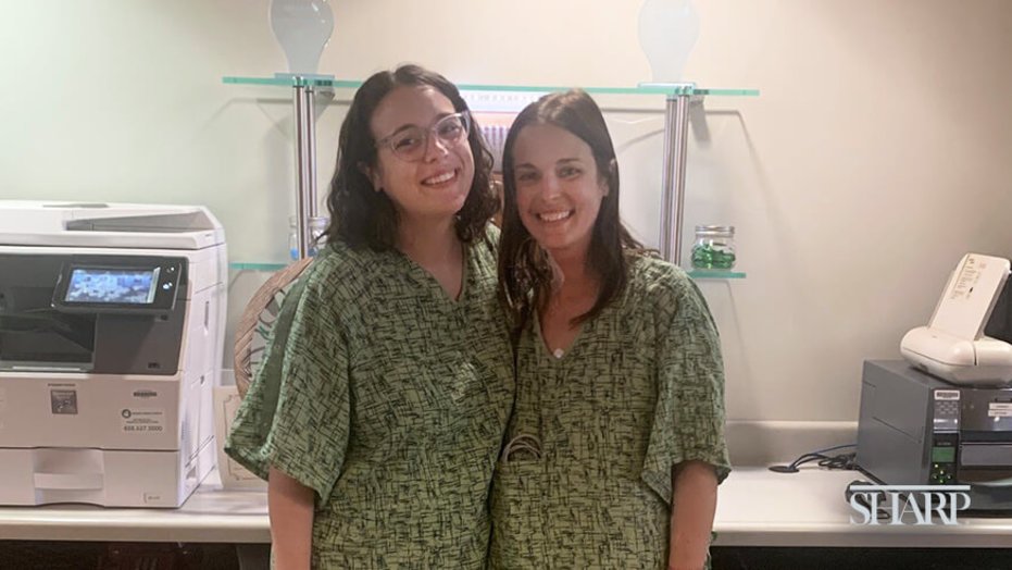 Riley Blum (left) and her sister Holland Ramirez at Sharp Memorial Hospital after their kidney transplant.