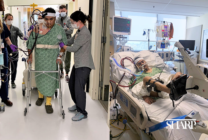 While on the ECMO machine, Danny began exercising with bicycle pedals in bed to rebuild his atrophied muscles and went for his first walk down the hallway of the intensive care unit. 